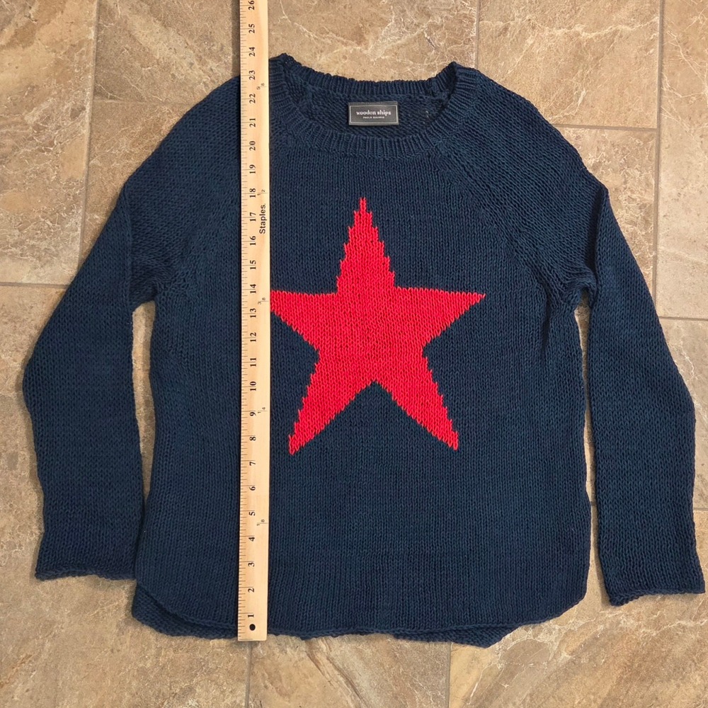 Wooden Ships Paola Buendia Navy Blue Red Star Knit Sweater Womens XS/S Raglan - Picture 5 of 7